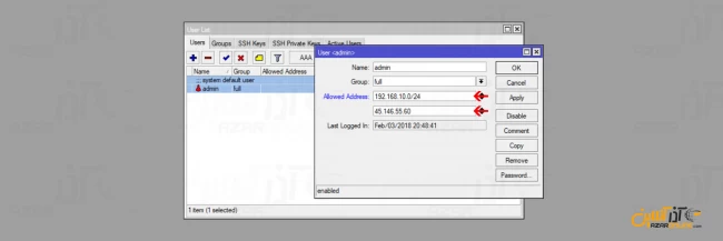 وارد کردن آدرس IP مورد نظر جهت محدودکردن لاگین به میکروتیک