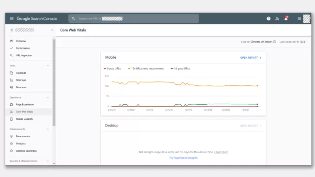 بخش Core Web vitals سرچ کنسول گوگل