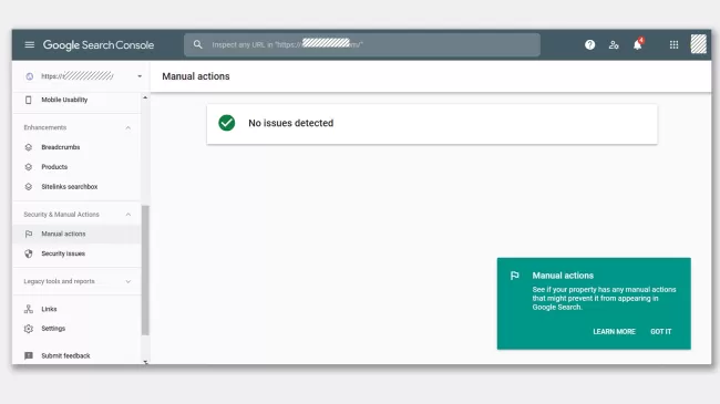 بخش Security & Manual Actions سرچ کنسول گوگل