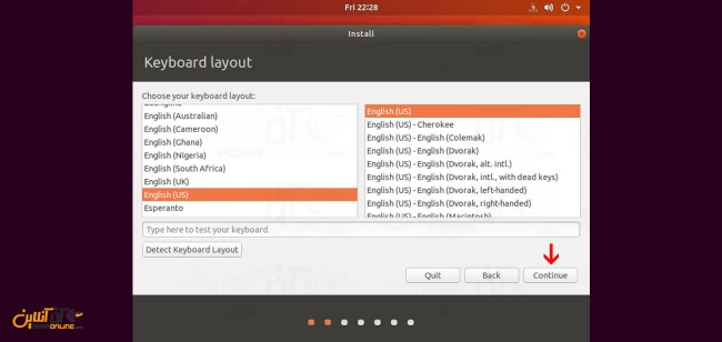 انتخاب Layout کیبورد در نصب ابونتو 18