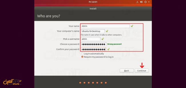 وارد کردن نام کاربری ، پسورد و نام سیستم در مراحل نصب ابونتو 18