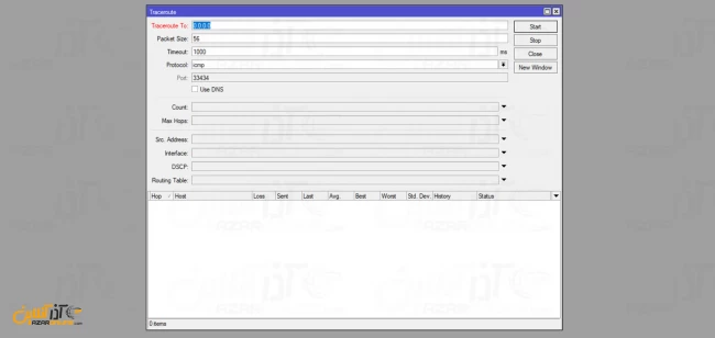 نمایی از پنجره Traceroute در میکروتیک